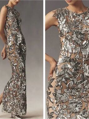 Bronx and Banco Silver Sequin Floral Maxi Gown on Nude Base